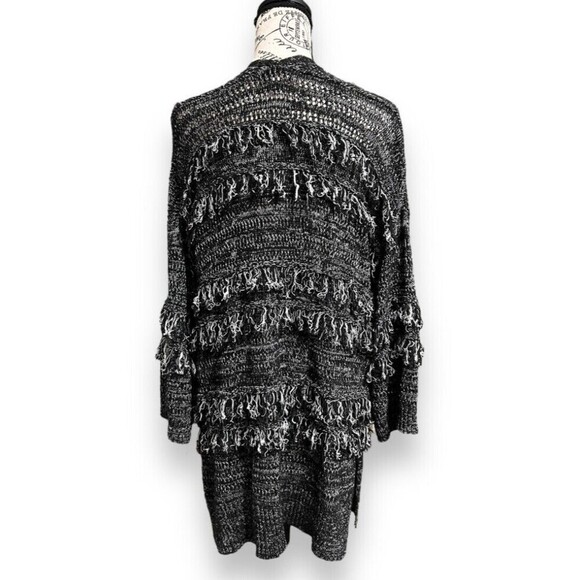 Knox Rose L Black White Fringe Cardigan Boho Open Front Chunky Knit Sweater Coat - Picture 9 of 11